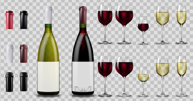 Red and white wine bottles and glasses. realistic