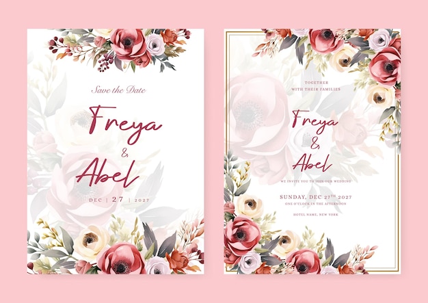 Red white and yellow poppy modern wedding invitation template with floral and flower