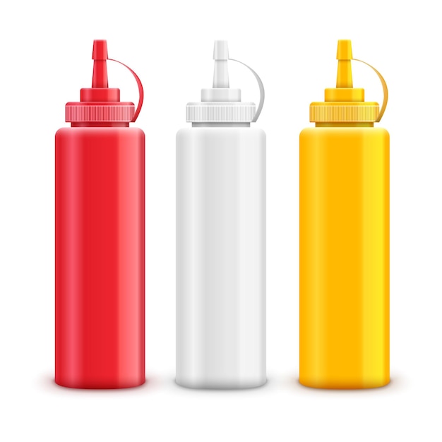 Red, white and yellow sauce bottles set