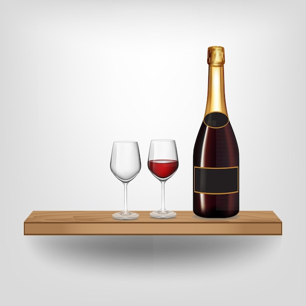 Red wine bottle and glass on wood shelf on white background Vector illustration