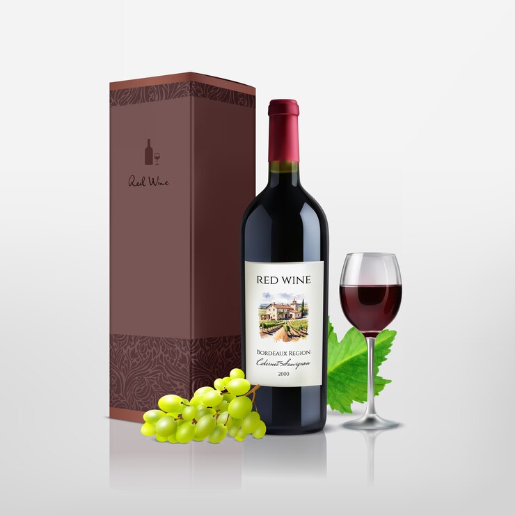 Vector red wine bottle with glass and grapes