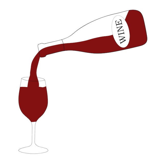 Vettore vino rosso in una bottiglia con un bicchiere accanto doodle illustrazione vettoriale