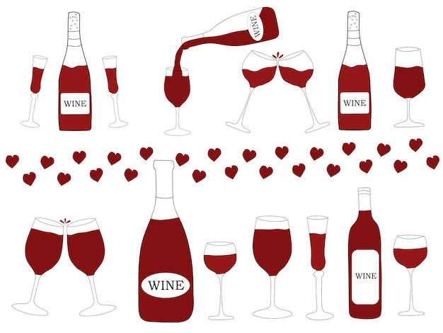 Red wine in bottles and glasses vector illustration in doodle styleDifferent types of wine bottles