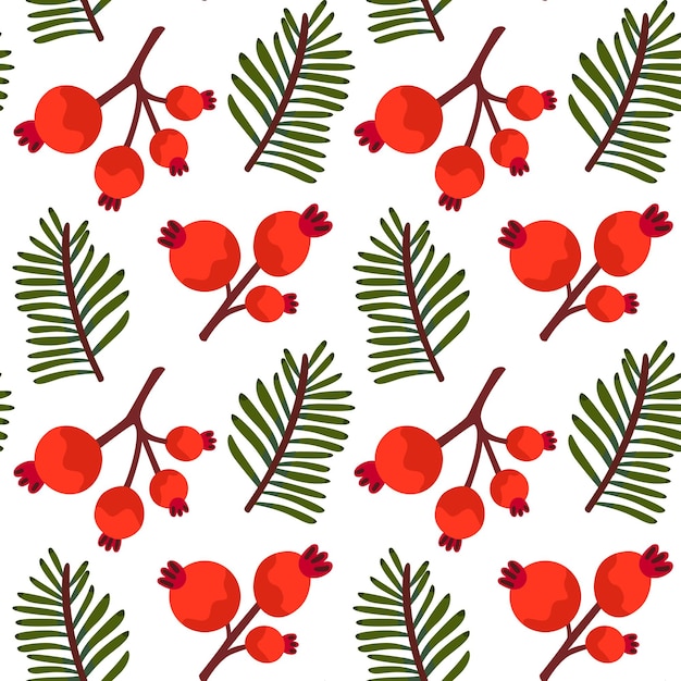 Red winter berries and spruce branches, seamless pattern design. Christmas botanical background