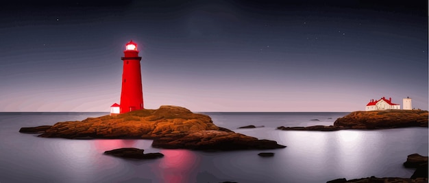 ベクトル 夏の風景の夜に海岸に白い灯台と赤が海の灯台を眺める