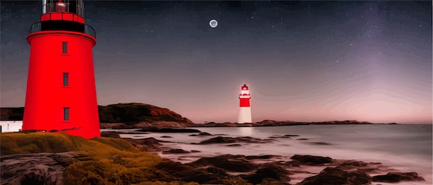 Vettore rosso con faro bianco sulla riva del mare di notte nel paesaggio estivo, vista un faro dell'oceano su a