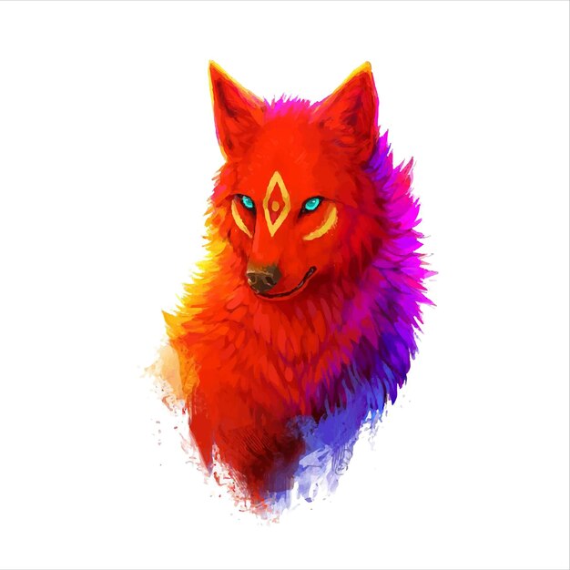 アカオオカミの顔イラスト-動物-水彩 オオカミ