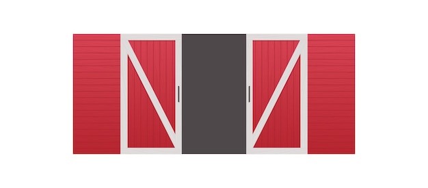 Vector red wooden barn door front view and farm warehouse building cartoon concept.