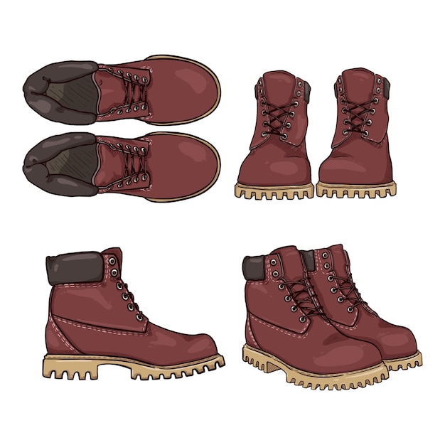 ベクトル 赤いワークブーツ 漫画の靴のイラストのベクトルセット