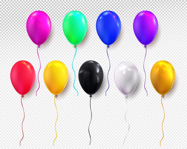 Vector red, yellow, blue, green, black, white and glossy golden balloon