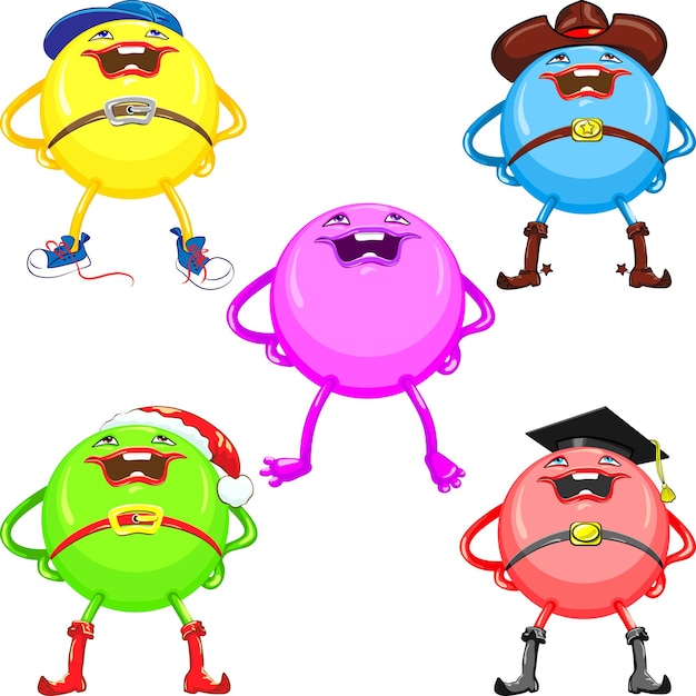 Vector red yellow blue green and purple balls in different hat and boots with a smile stands legs apart and hands on hips isolated on white background