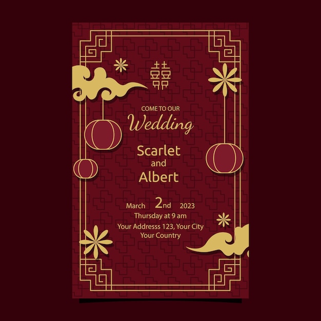 Red yellow chinese wedding invitation card design template