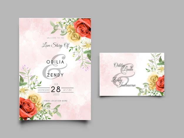 red and yellow roses watercolor wedding invitation template