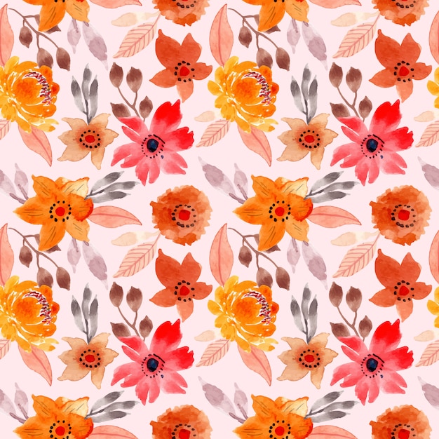 Vector red yellow watercolor floral seamless pattern