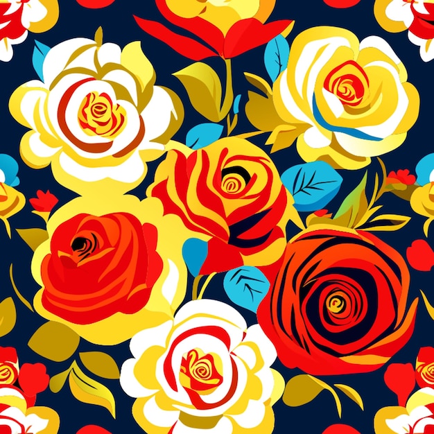 red yellow white blue roses and green leaves pattern seamless in clothes vector illustration