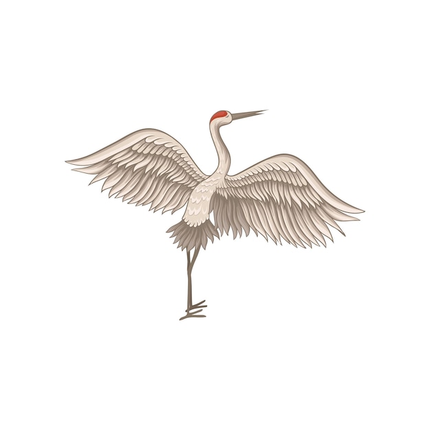 Redcrowned crane standing with wide open wings back view Wild bird with long thin beak legs and neck Decorative element for postcard or poster Flat vector design isolated on white background