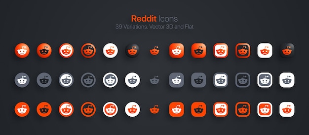 Redditアイコンはさまざまなバリエーションでモダンな3dとフラットを設定します