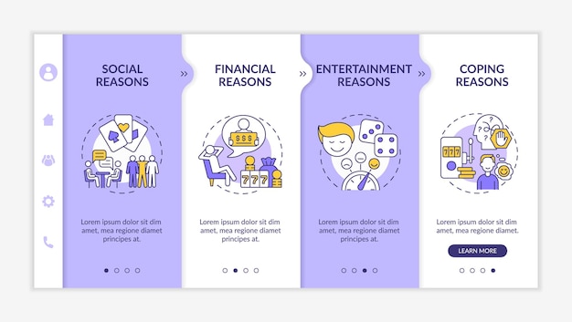 Redenen om te gokken met paarse en witte onboarding-sjabloon dwangmatige psychologie responsieve mobiele website met lineaire conceptpictogrammen webpagina-overzicht 4-stappenschermen latobold regelmatige gebruikte lettertypen