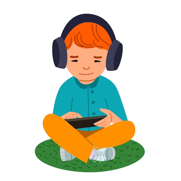 Vector the redhaired boy is wearing headphones and holding a tablet in his hands