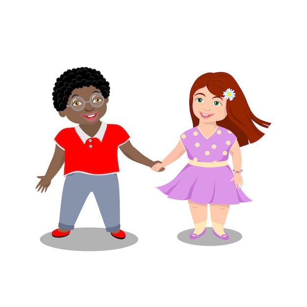 Redhaired girl and an african american boy in glasses in summer clothes holding hands and smiling