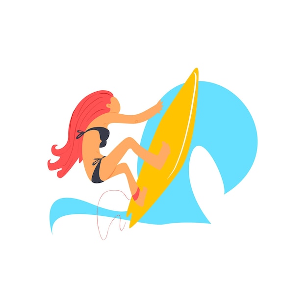 흰색 배경에 밝은 색상에 노란색 서핑 보드 평면 고립 된 만화 심플한 디자인 일러스트 레이 션에 Redhaired 소녀