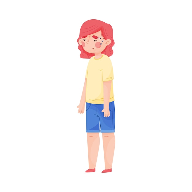 Vector redhaired girl standing with her hands down because of hot weather vector illustration