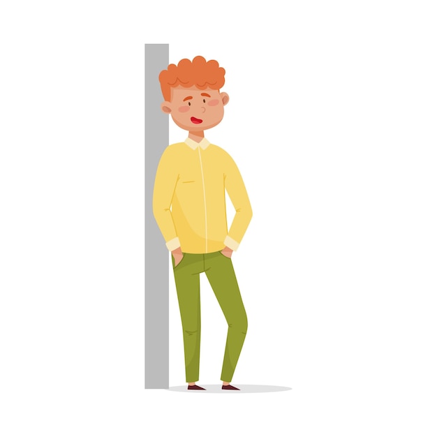 Vector redhaired man leaning against the wall and smiling vector illustration