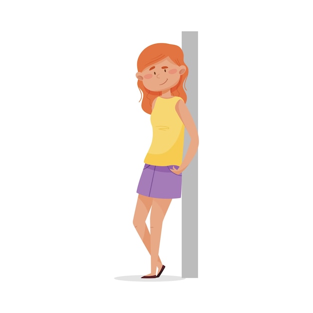 Redhaired woman with her hands in the pockets leaning against the wall and smiling vector