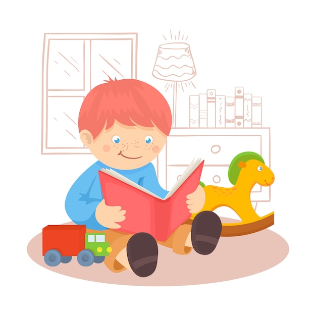 Vector redhead boy reading book indoors with toys and window vector illustration