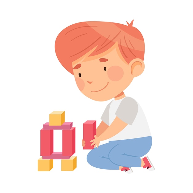redhead boy sitting on the floor in nursery playing toy blocks vector illustration
