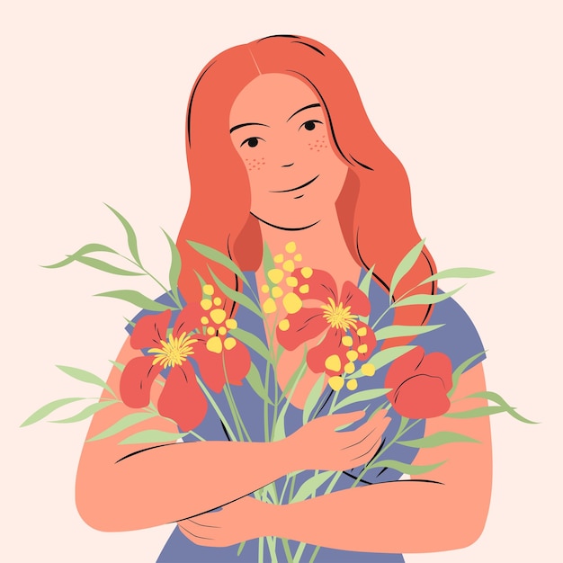 Redhead european woman with flowers