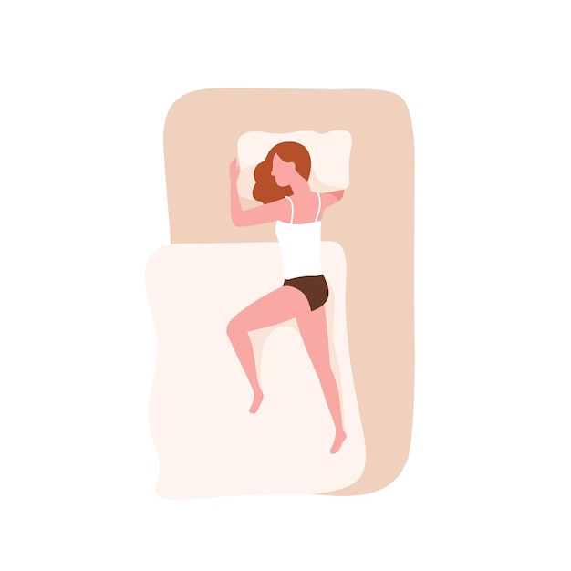 Redhead girl sleeping on her side on comfortable bed. female character falling asleep in bedroom. young woman taking rest on cozy mattress. top view. flat cartoon colorful vector illustration.
