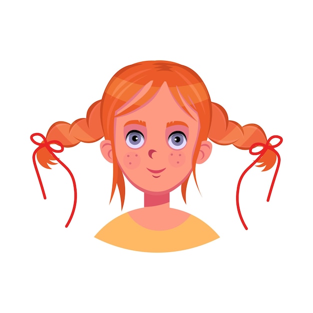 Vector redhead girl with pigtails on a white background.