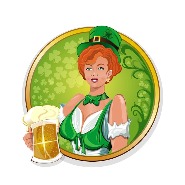 레프러콘 모자를 쓴 빨간 머리 아일랜드 소녀와 손에 맥주 한 잔 St Patricks Day Label Vecton 그림