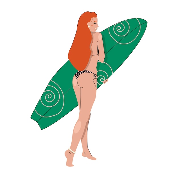 Vector a redhead in a swimsuit holds a surfboard