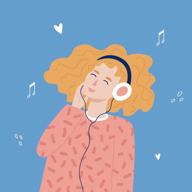 Ragazza adolescente hipster rossa che ascolta la musica con le cuffie. stile disegnato a mano alla moda.