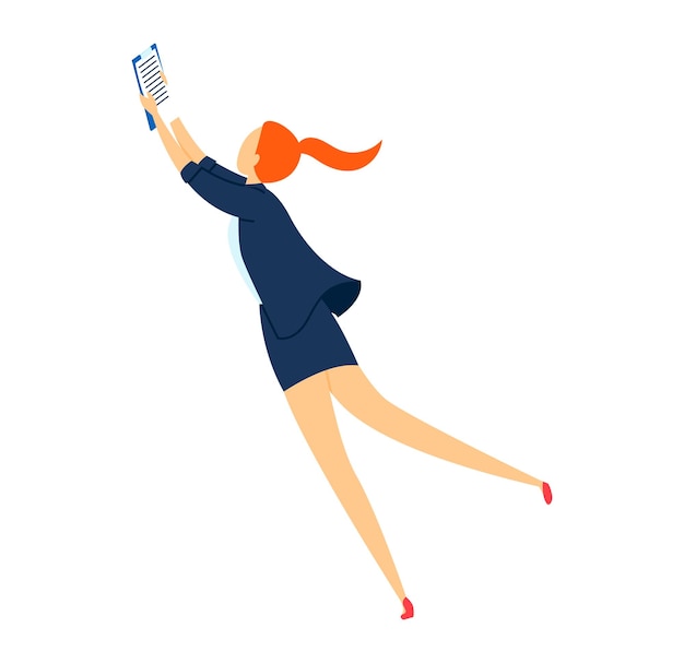 Redhead woman in business attire reaching for something floating in air ambitious female