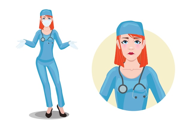 Vector redhead woman doctor in mask facial expression of a beautiful young female nurse emotionsad