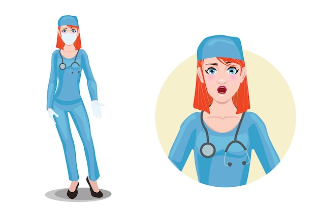 Vector redhead woman doctor in mask facial expression of a beautiful young female nurse emotionshock