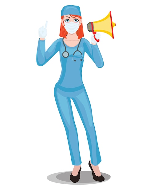 Vector redhead woman doctor in mask with megaphone illustration in cartoon style