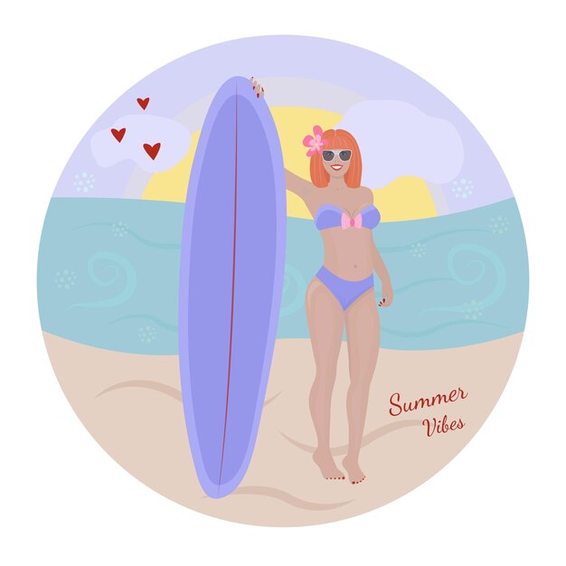 帆板のカラフルなイラストを持つ赤毛の女性