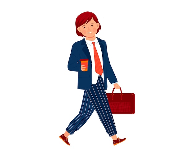 赤毛の若いビジネスマンがコーヒーとブリーフケースを持って歩いている 自信のある女性プロフェッショナル