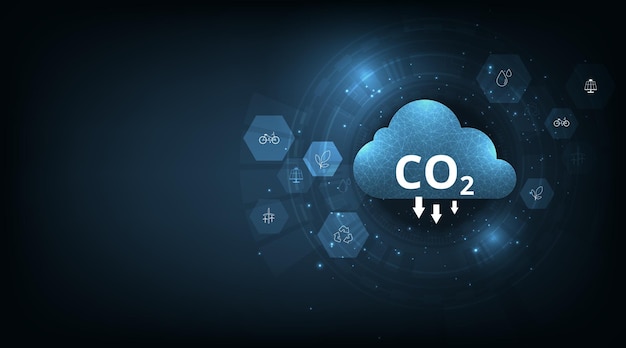 Reduce CO2 emissions to limit global warming on dark blue background