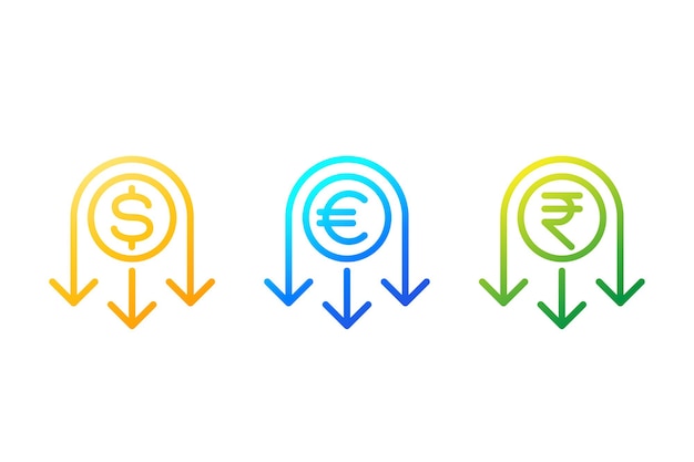 Reduce costs line icon with dollar, euro and rupee