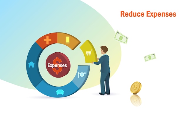 Reduce expenses cost of living concept Businessman cut off unnecessary expense from pie graph