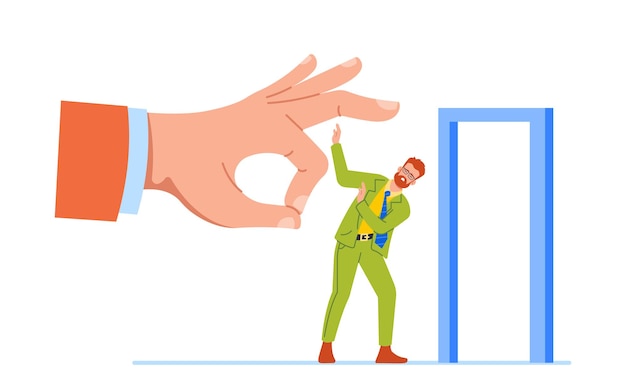 Reducing Personnel Concept Giant Boss Hand Flick Away Unwanted Employee Character through the Door Vector Illustration