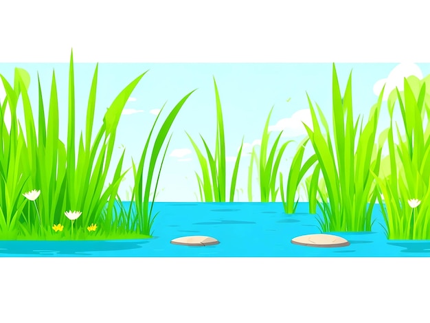 Vector reeds in grass with flowers and stones green summer grassland cattails elements ai_generated