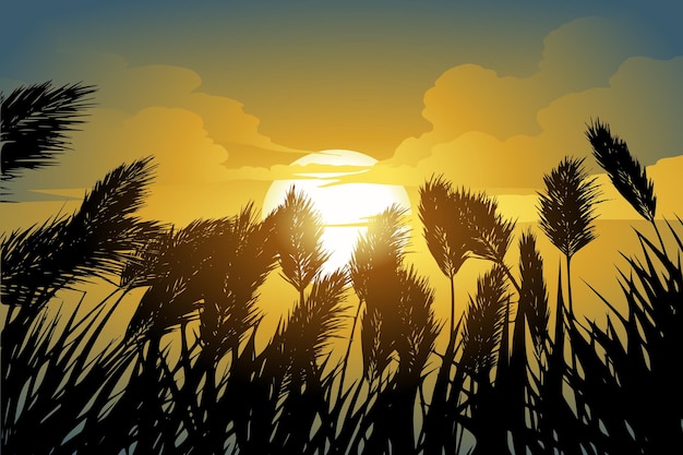 Vector reeds silhouette at sunset nature background