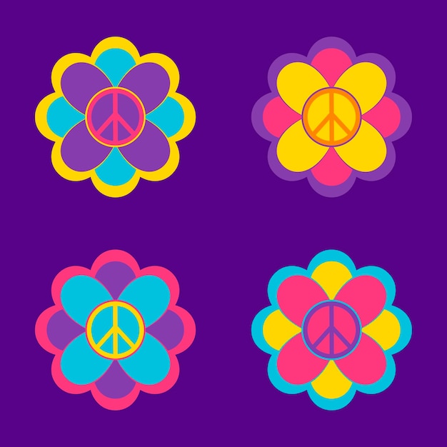 Reeks bloemen in hippiestijl met vredessymbolen op violette achtergrond Neonkleuren