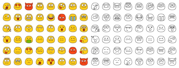 Reeks emoticons die verschillende emoties in beeldverhaalstijl tonen die op witte achtergrond wordt geïsoleerd Grappige gezichten illustraties